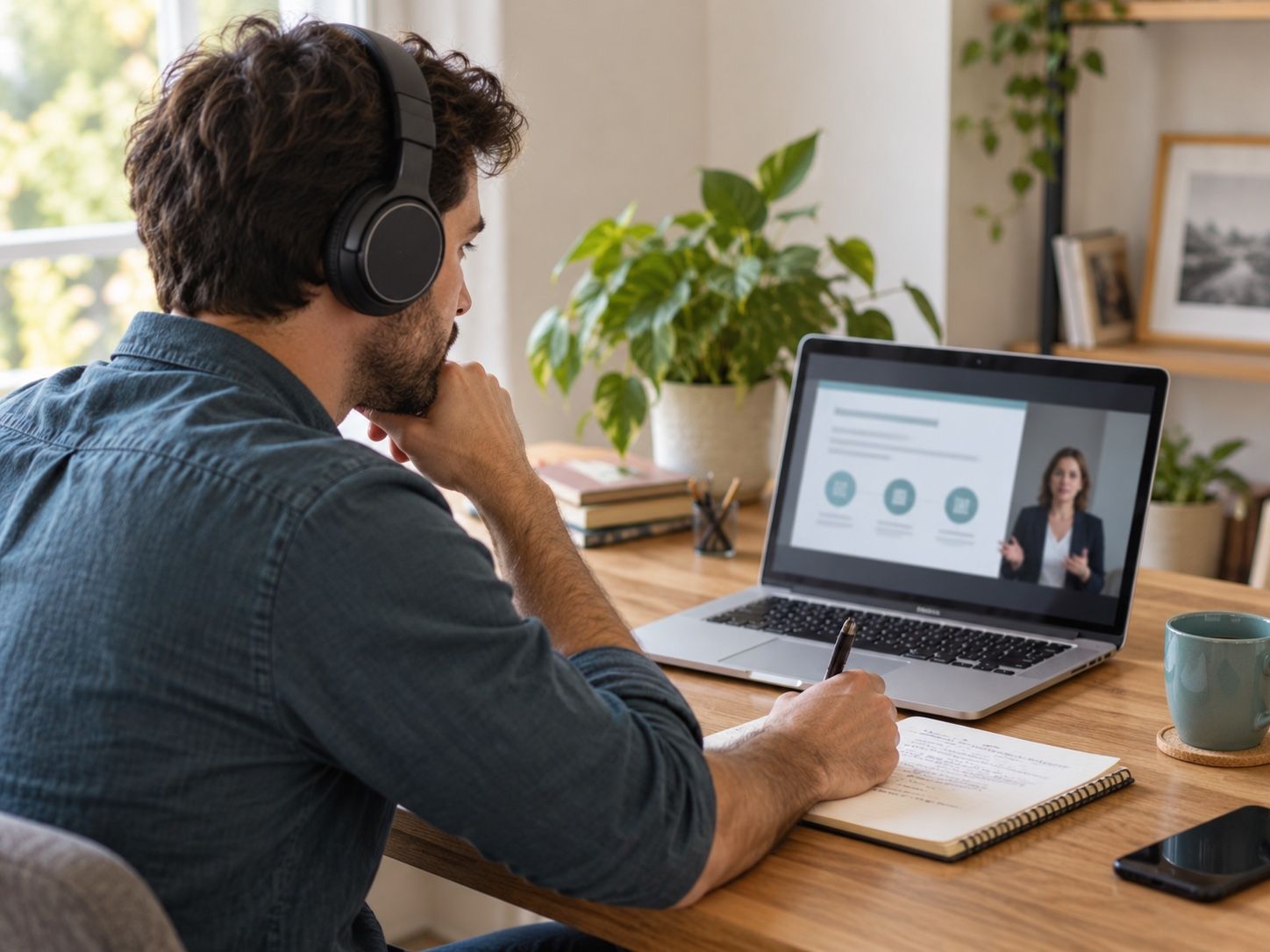 Collaborateur avec un casque qui suit depuis l’ordinateur portable un cours de formation continue en e-learning