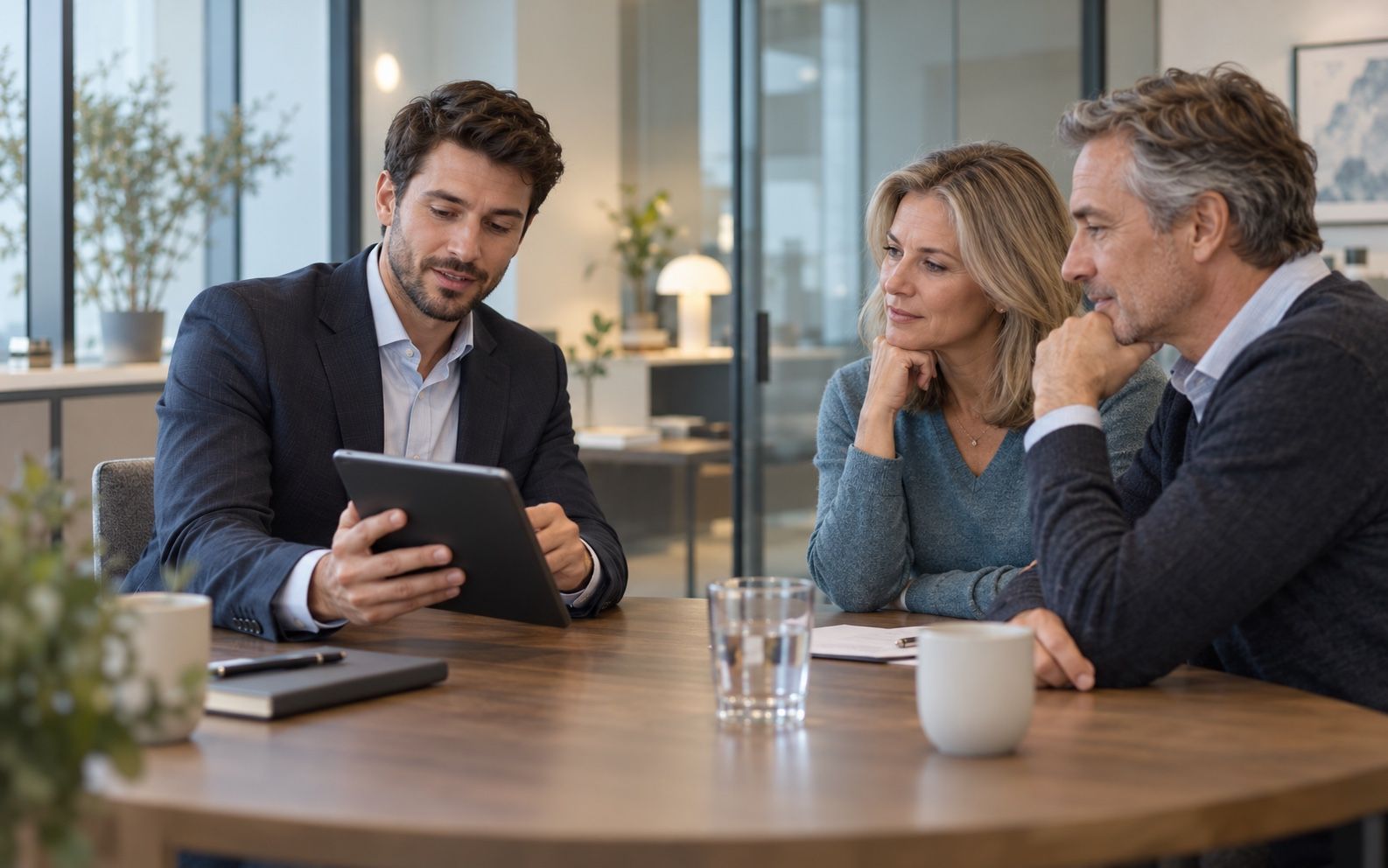 Bank advisor showing a tablet to a couple of clients in the branch office