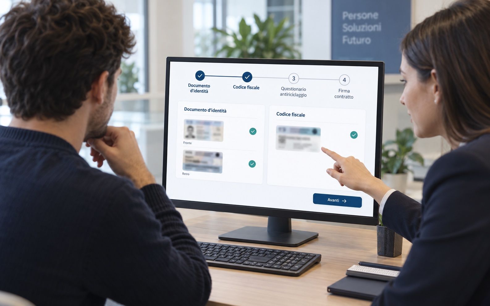 Advisor and client completing the onboarding on screen with ID document and tax code