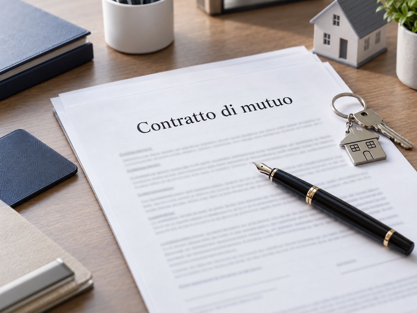 Mortgage contract on the advisor’s desk, with a fountain pen and house keys