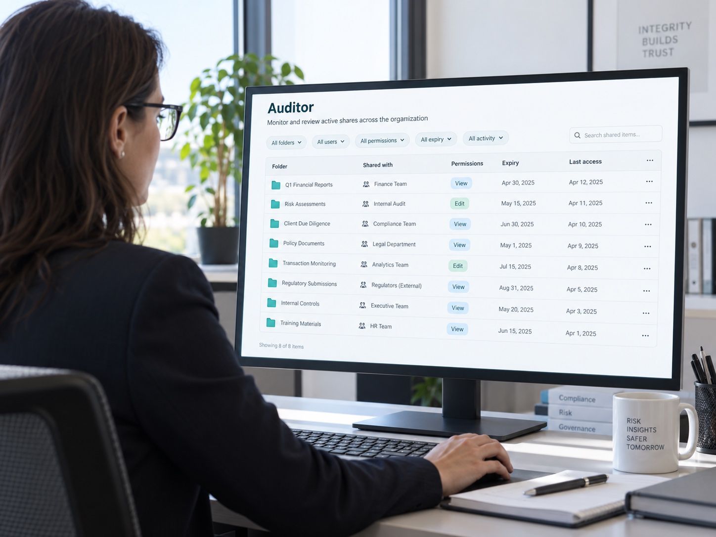 Auditor reviewing on screen the list of active shares, with permissions and expiry dates