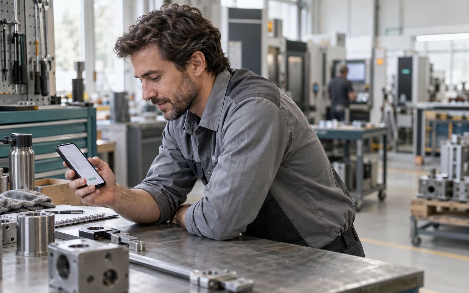 Techniker in der Werkstatt, der in der Pause die Gehaltsabrechnung vom Smartphone aus einsieht