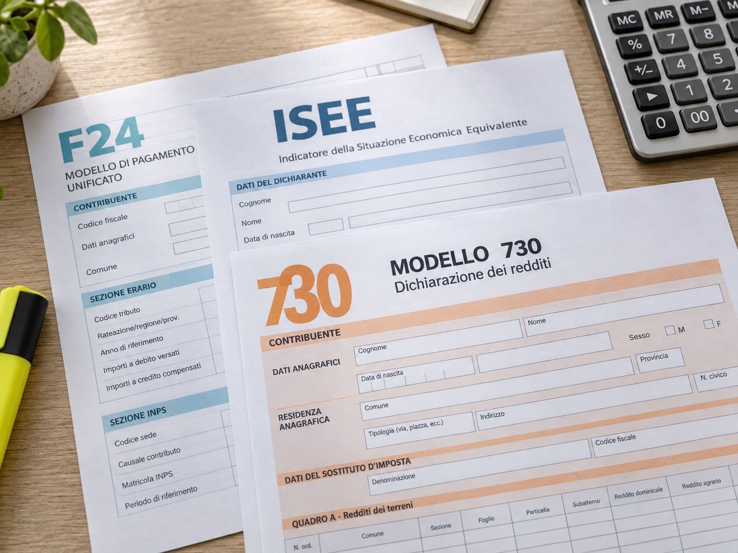Modelos F24, ISEE e 730 lado a lado na secretária com calculadora e marcador