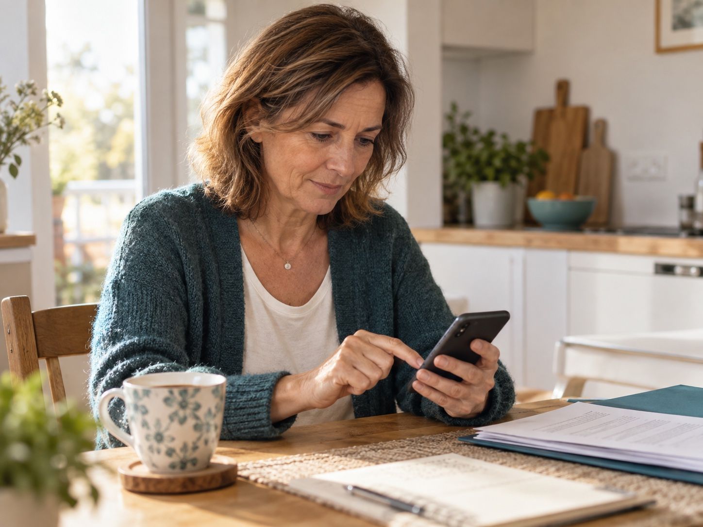 Contribuinte que assina a procuração a partir do smartphone à mesa de casa, com os documentos ao lado