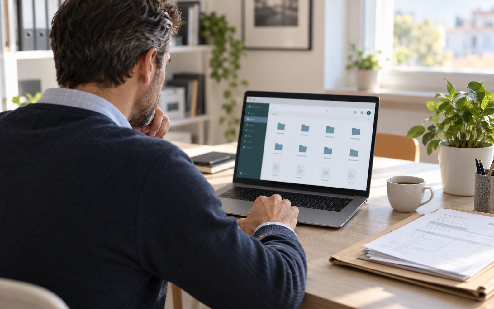 Business owner browsing the folders of his accountant’s client area on a laptop at his office