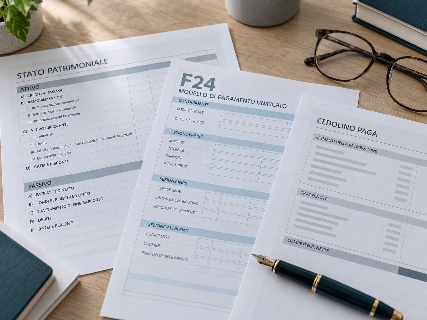 Balance sheet, F24 tax form and payslip laid side by side on the firm’s desk