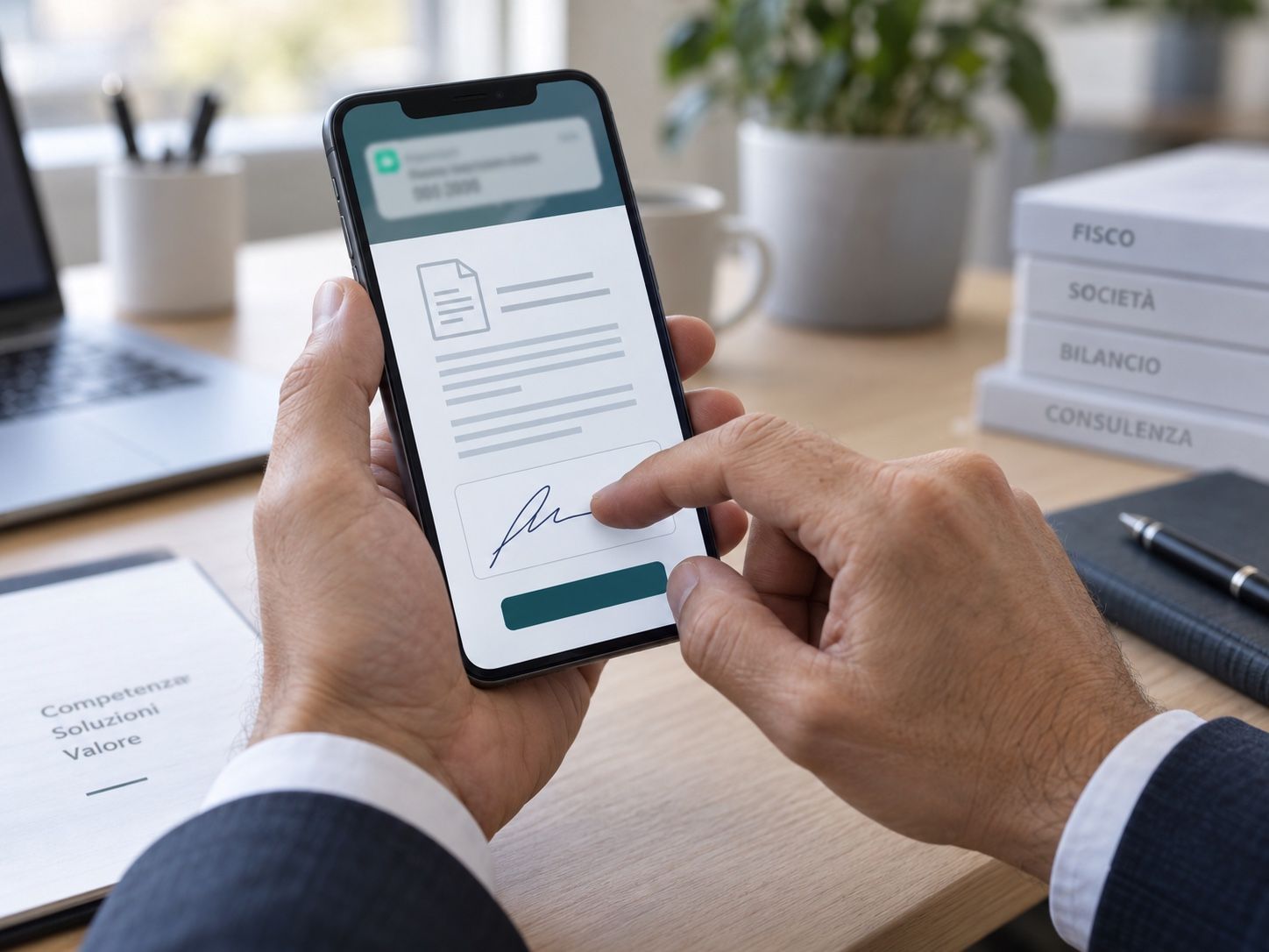 Client signing a mandate with a finger on a smartphone after receiving the SMS code