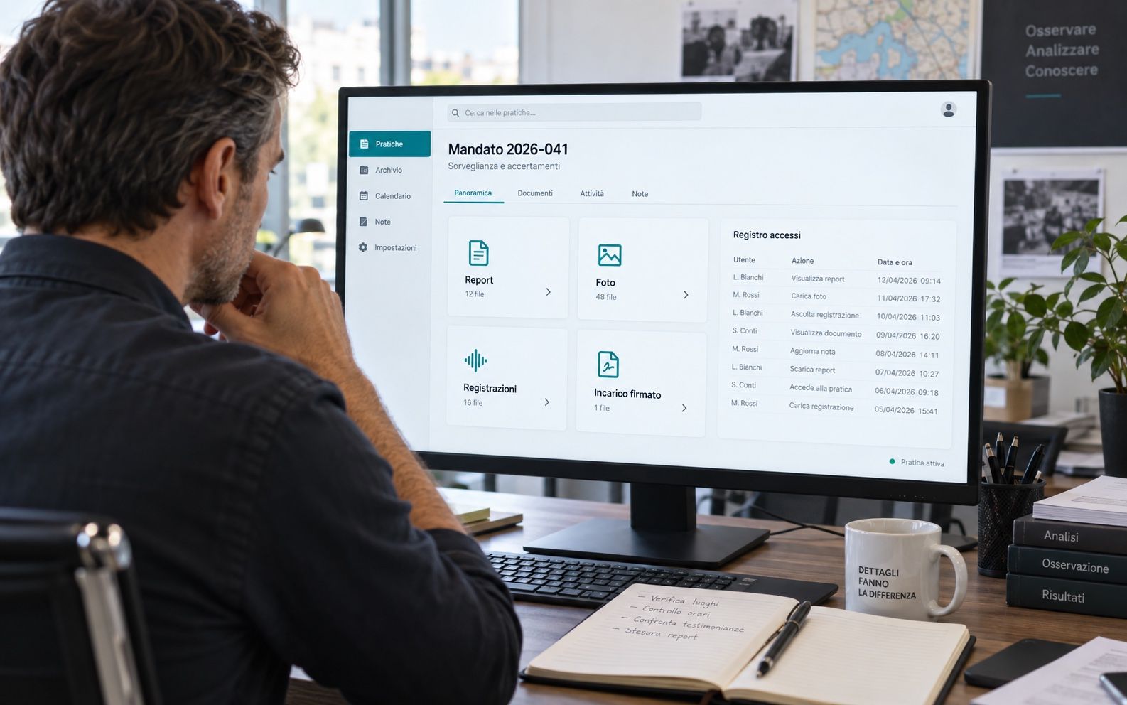 Investigator viewing on screen a case folder with report, photos, recordings and access log