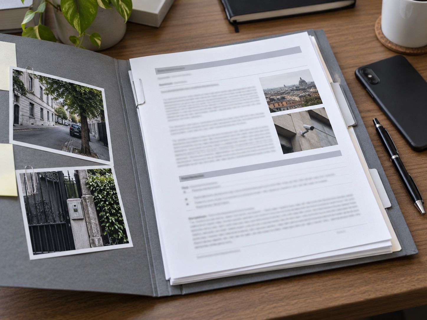 Investigation dossier open on the desk with a report and surveillance photographs