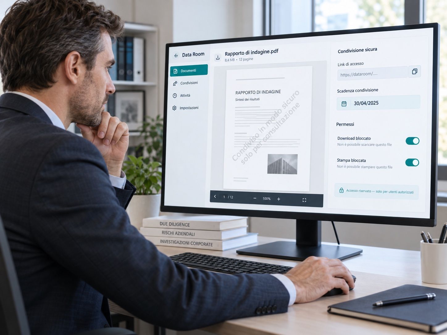 Investigator delivering a report in a secure data room, watermark applied and download blocked
