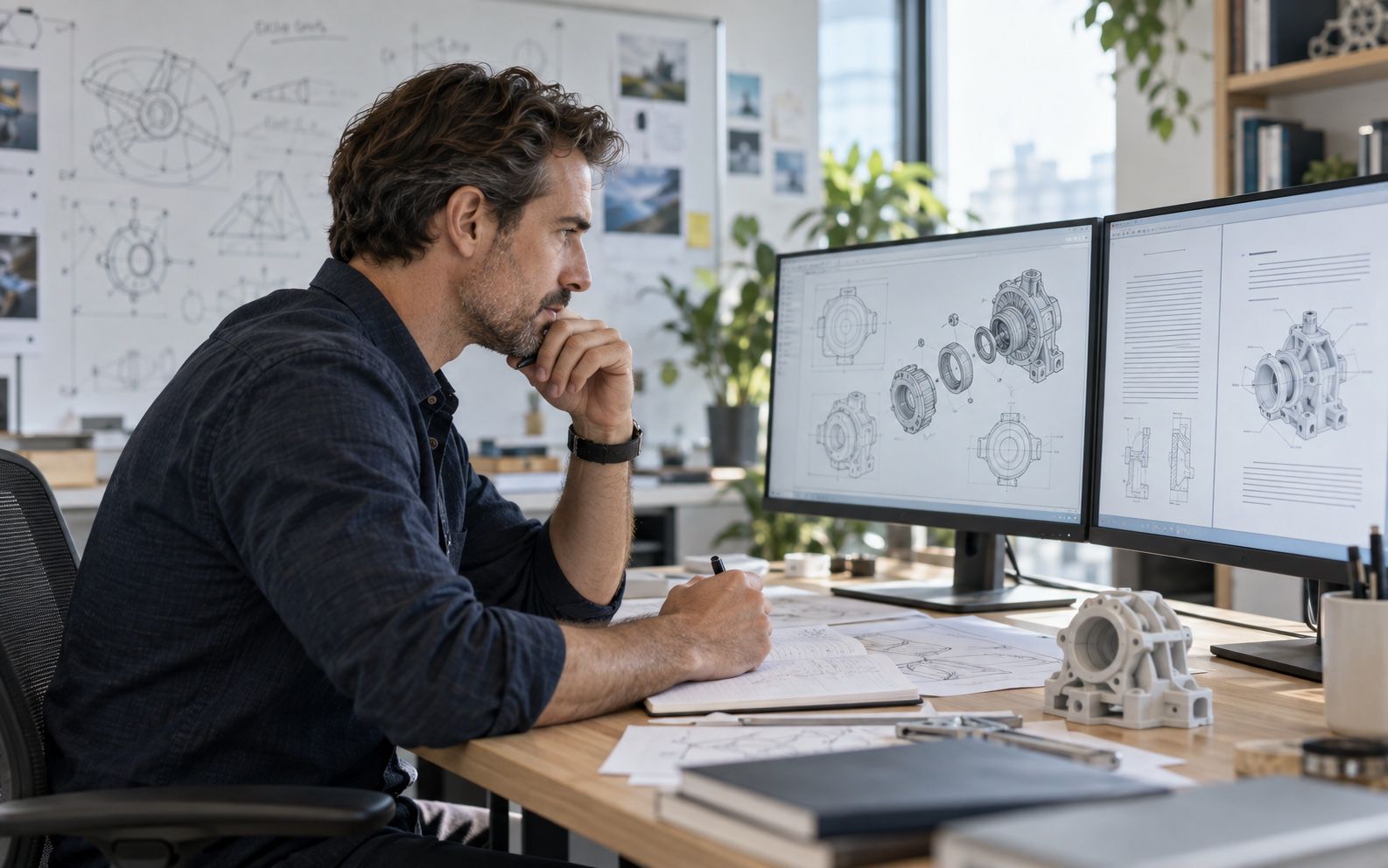 Berater für geistiges Eigentum, der die technischen Zeichnungen eines Patents auf zwei Monitoren studiert, mit dem Prototyp auf dem Schreibtisch