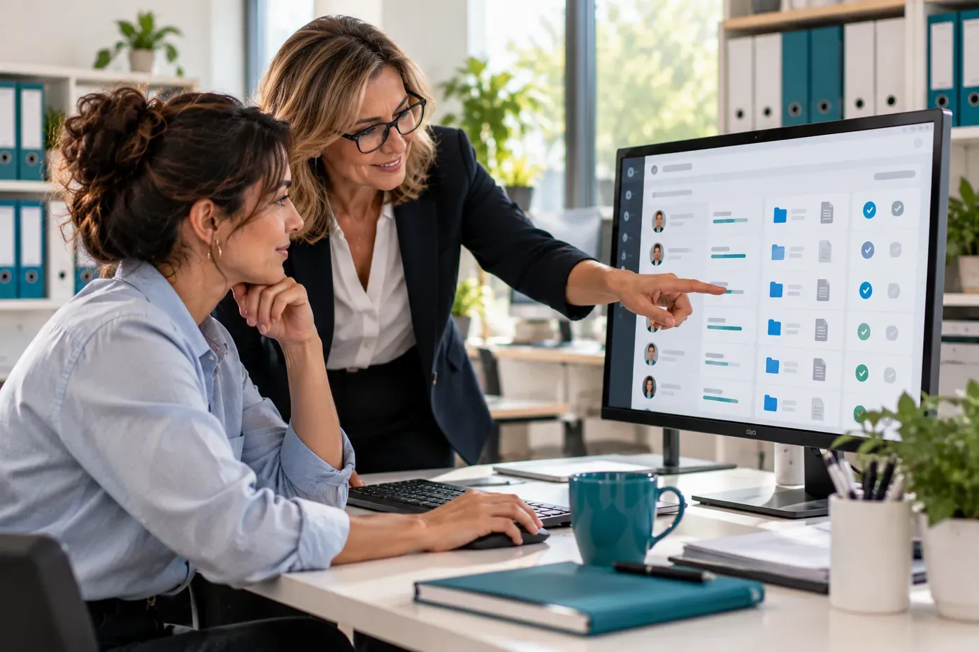 In un ufficio del personale due colleghe controllano insieme i documenti dei dipendenti sullo schermo