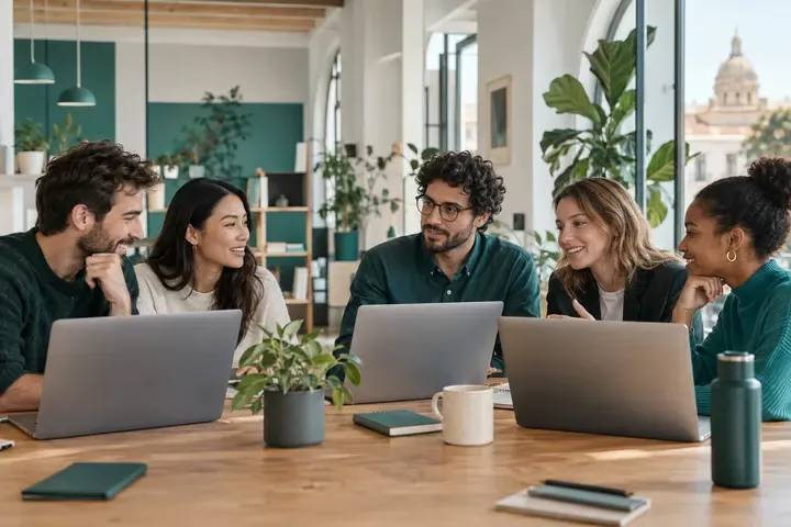 A team working on laptops around the same table