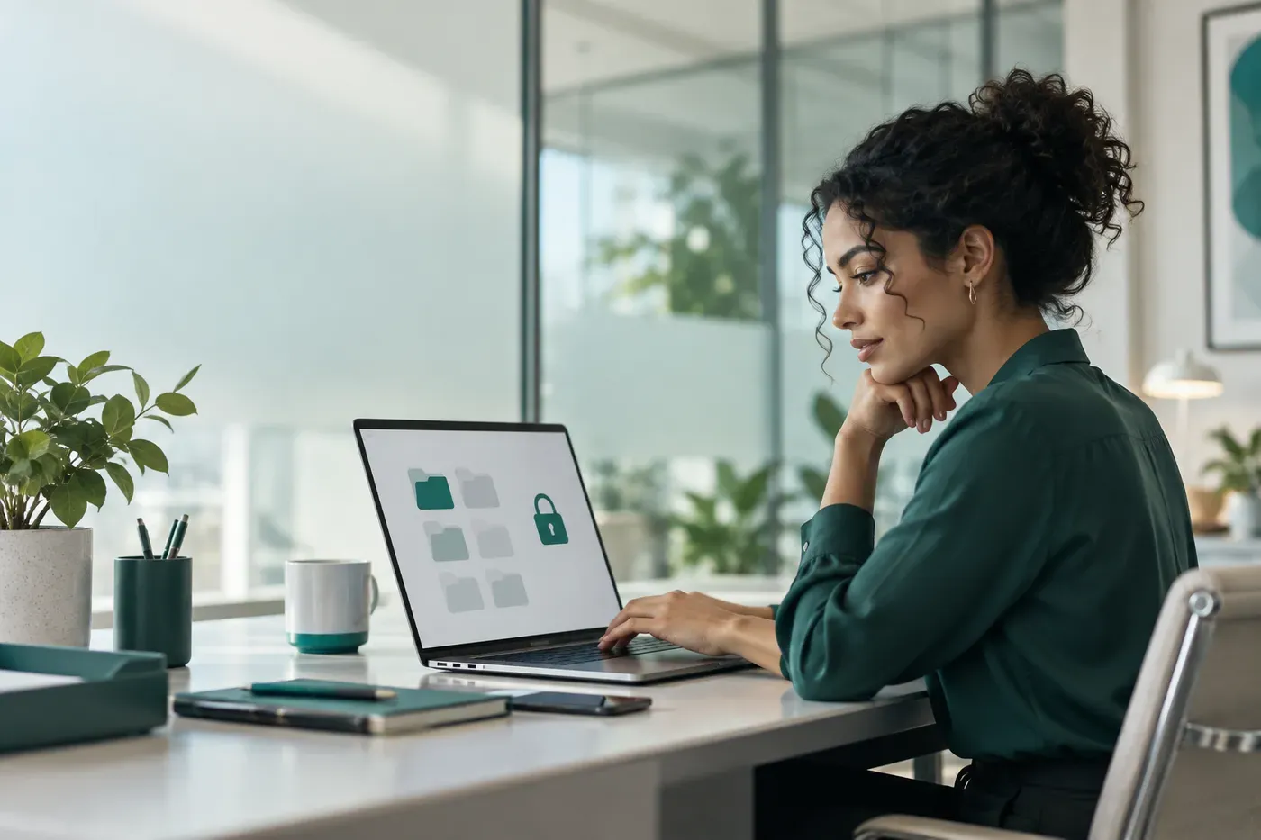 Person at a laptop with Files folders and the vault padlock on screen