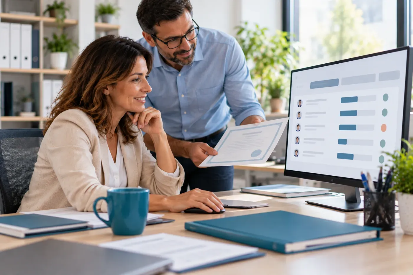La responsabile della formazione controlla sul monitor l’avanzamento delle ore di ciascun collaboratore, mentre un collega le porta un attestato