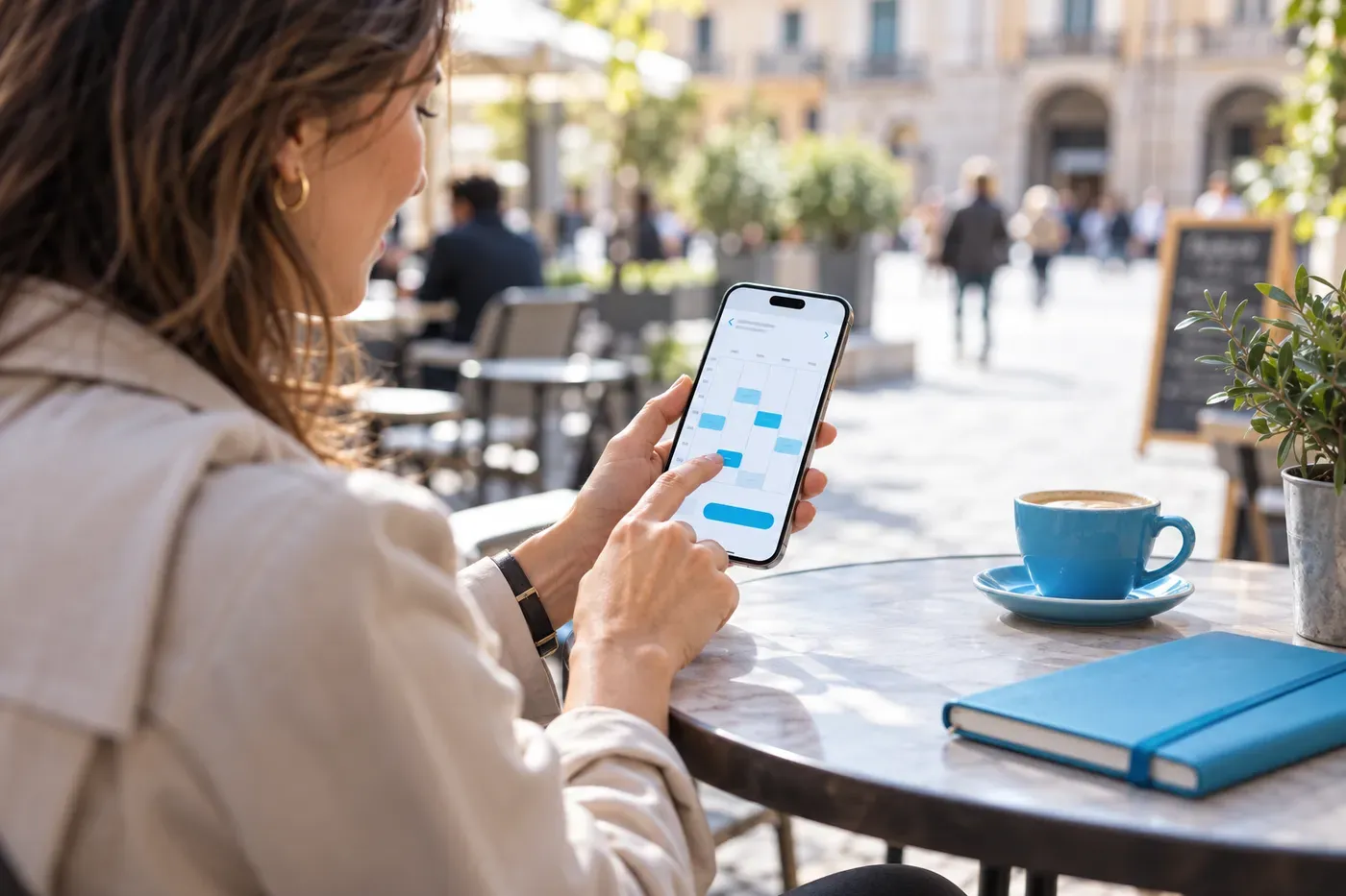 Al tavolino di un bar, una persona tocca uno slot libero nella settimana mostrata dal telefono per fissare un appuntamento