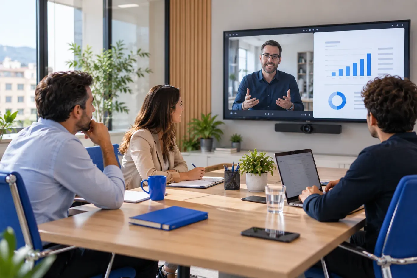 Un team in sala riunioni segue una videochiamata con un cliente sullo schermo grande