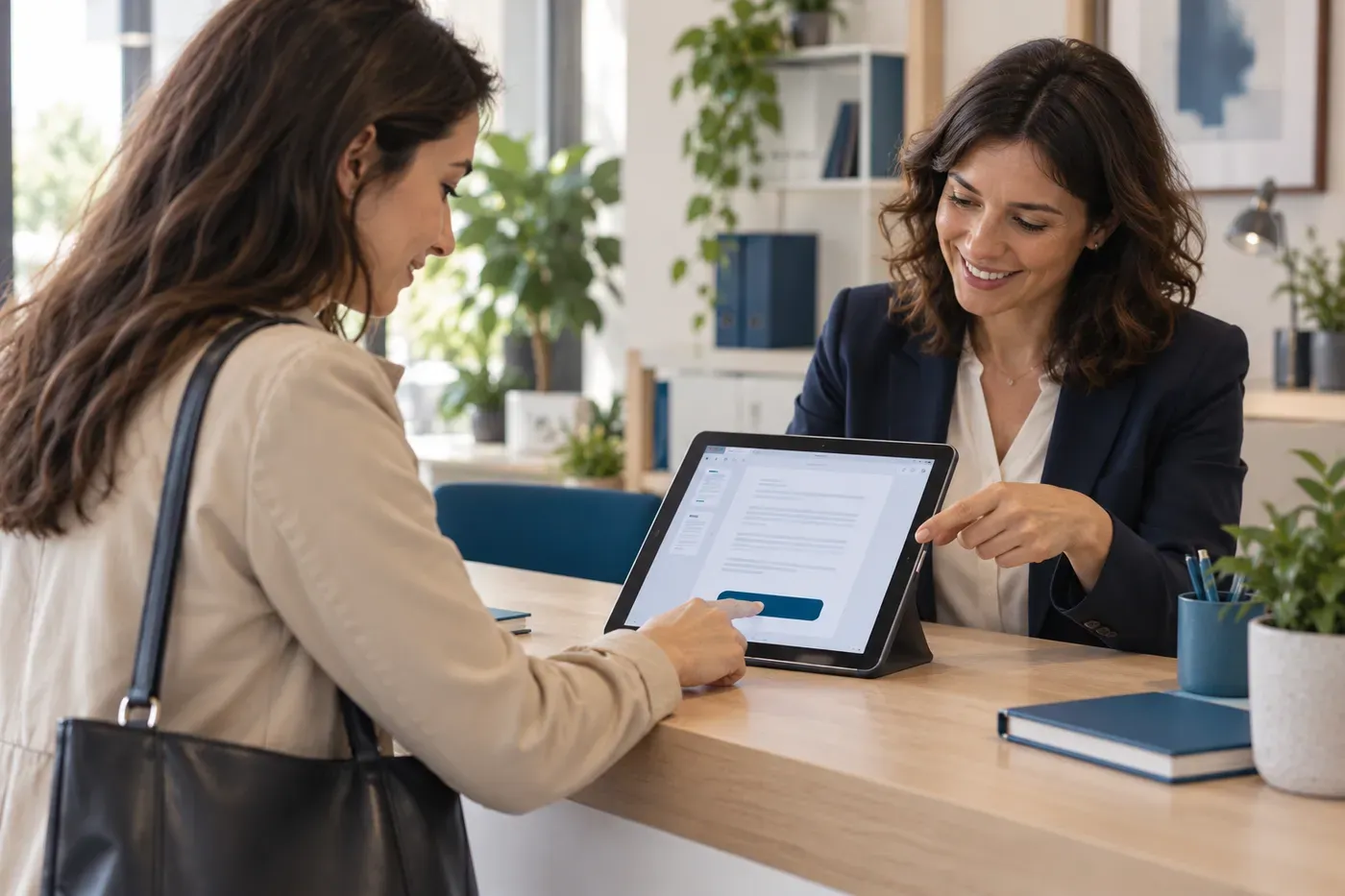 Allo sportello una cliente conferma la firma toccando il tablet, mentre l’impiegata le indica dove
