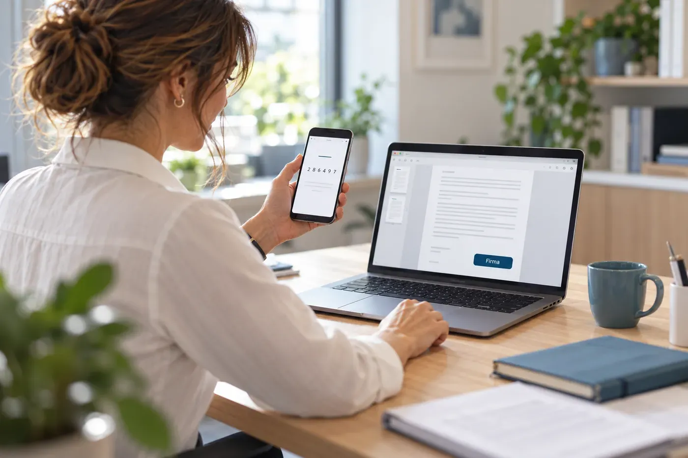 Una professionista legge sul telefono il codice arrivato via SMS per firmare il contratto aperto sul portatile