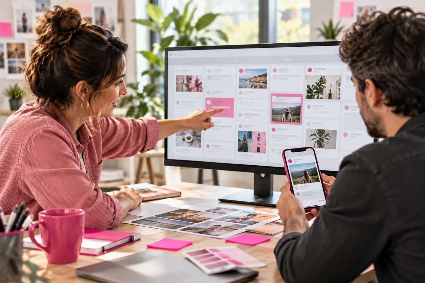 Una social media manager indica sul monitor il calendario editoriale con le anteprime dei post, mentre un collega controlla un post sul telefono