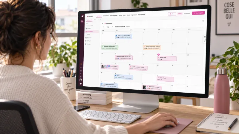 Person at a desk reviewing the monthly editorial calendar in kSocial, with posts colour-coded by channel