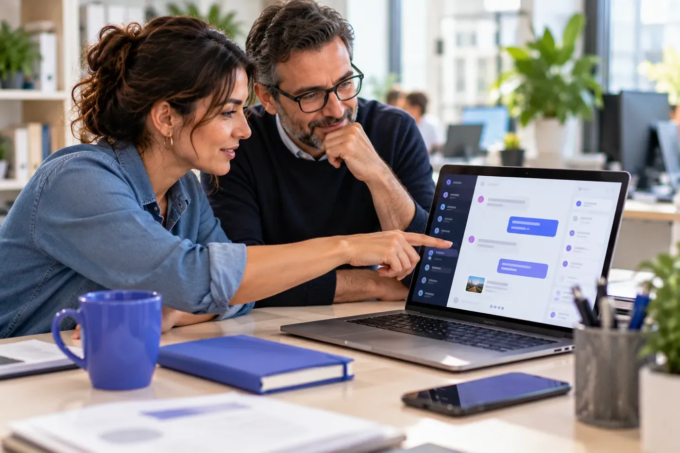In ufficio due colleghi seguono sul portatile la chat del progetto