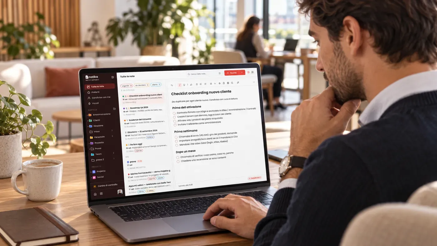 Notika on a laptop in a shared workspace, with a checklist open in the editor