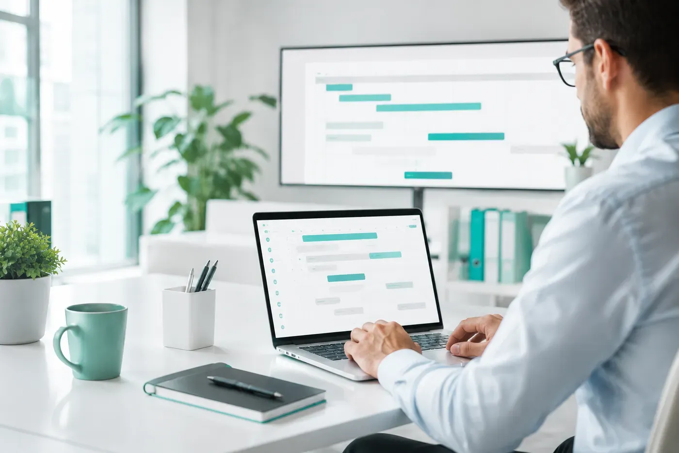 Eine Person analysiert die Projekt-Zeiterfassung auf einem Laptop