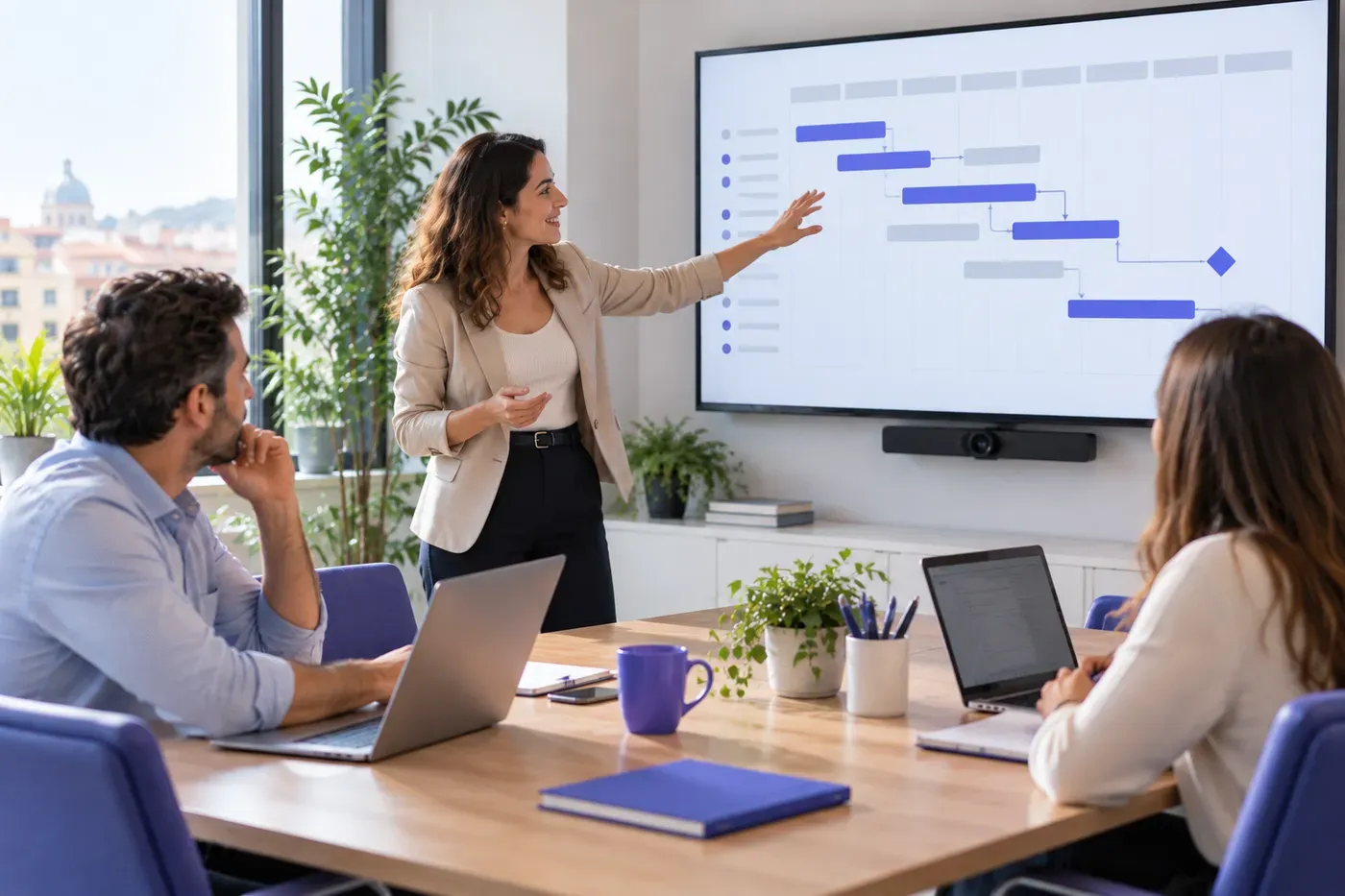 In riunione, una project manager indica sul grande schermo la timeline del progetto, con le attività collegate e un traguardo, mentre il team segue al tavolo