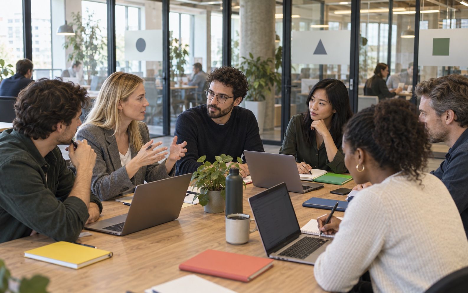 People from different companies working at the same table in a coworking space