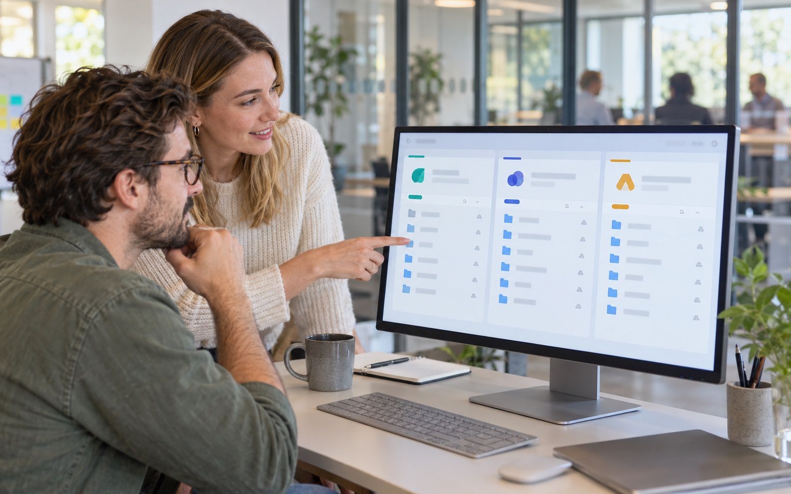 Two colleagues looking at the workspaces of three network companies on screen, each with its own logo and colour