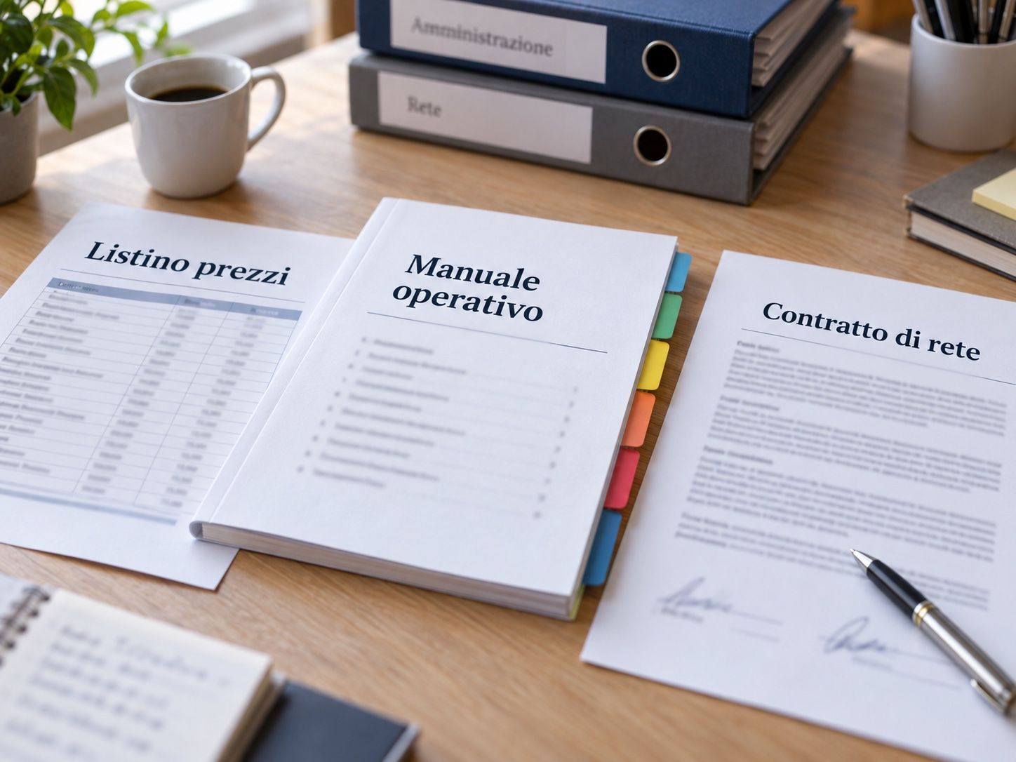 Price list, operations manual and signed network agreement on the desk