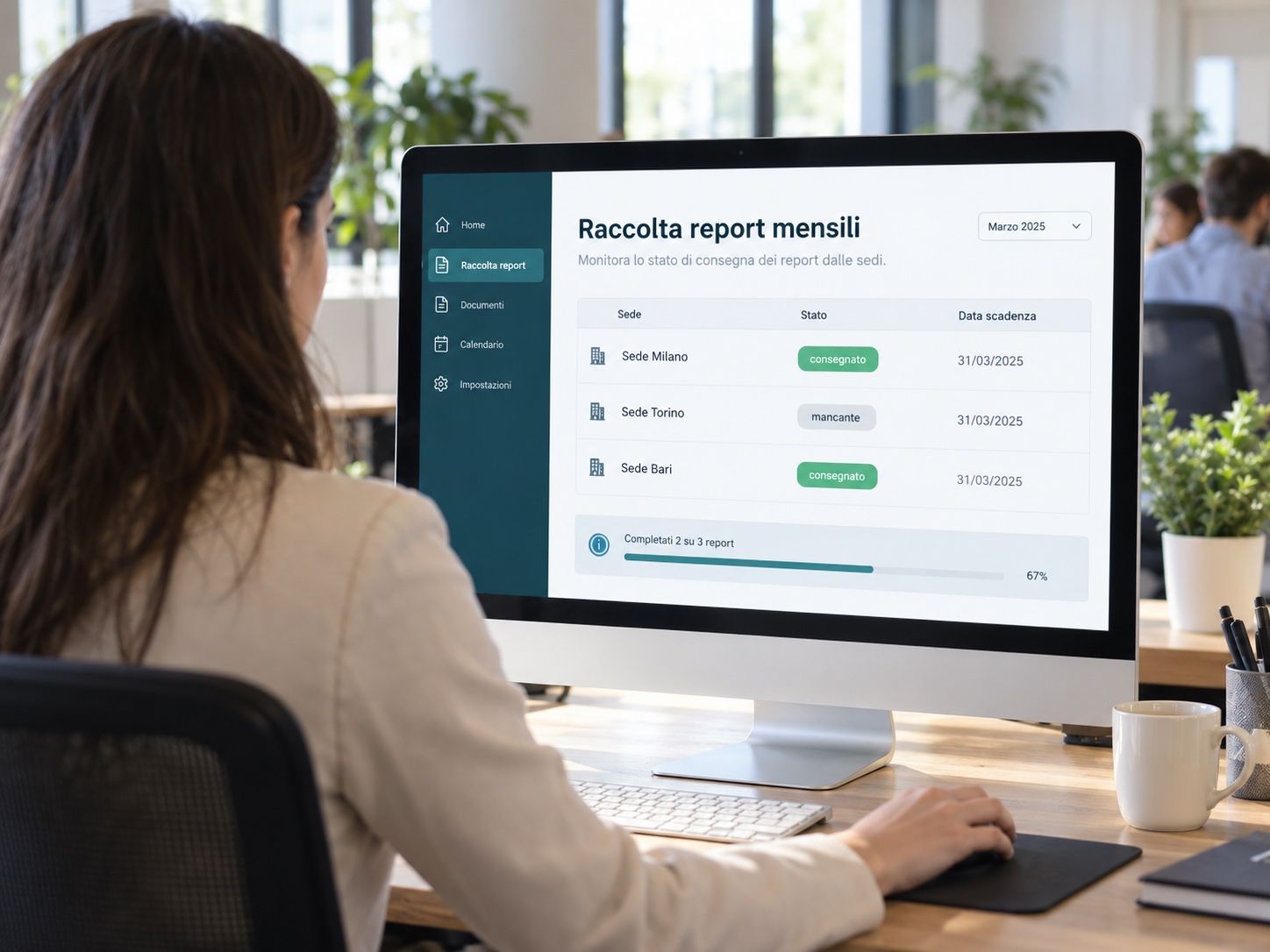 Manager checking on screen the monthly report collection from branches, delivered or missing status