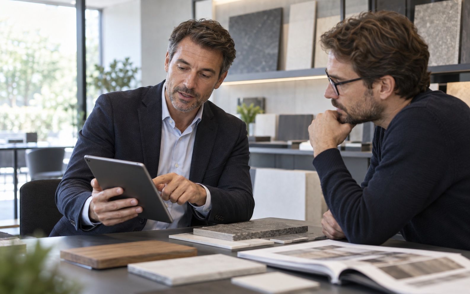Agent commercial qui montre au client le catalogue sur la tablette dans le showroom