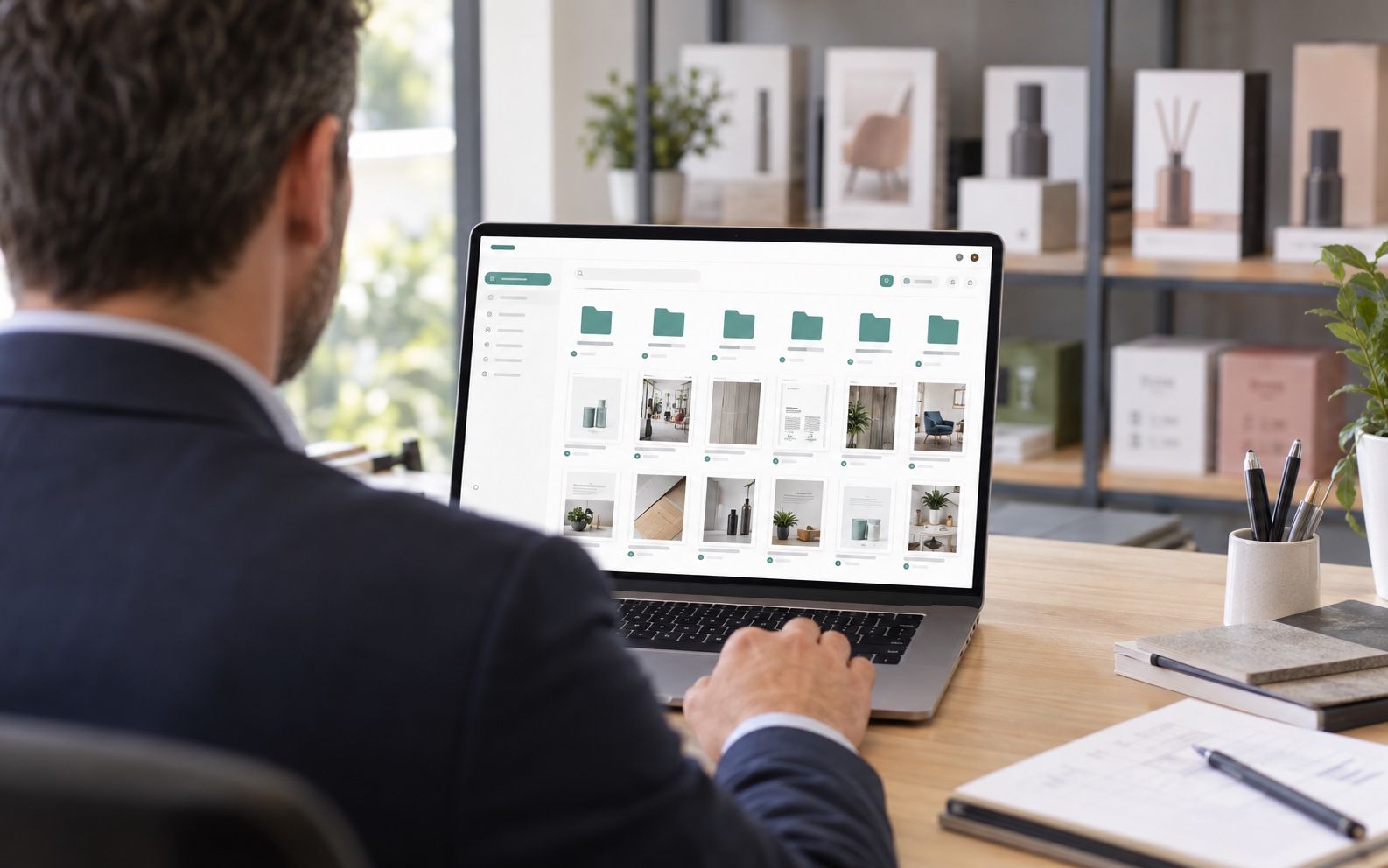 Responsable commercial qui publie depuis l’ordinateur portable catalogues et supports dans l’espace du réseau de vente