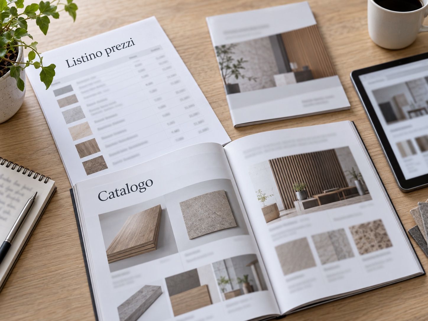 Tarif, catalogue produits et brochure sur le bureau à côté d’une tablette