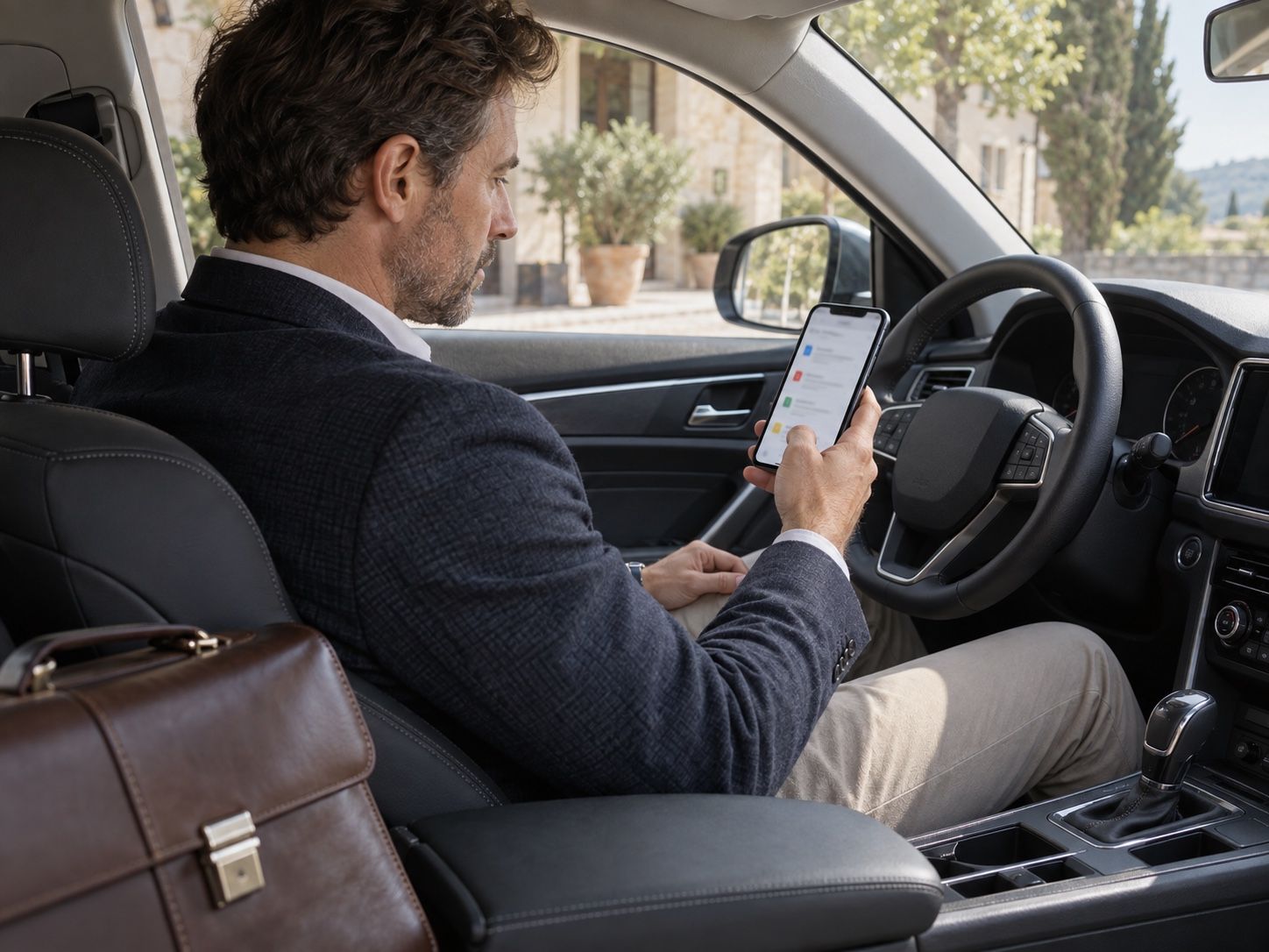 Agent en voiture qui consulte depuis le smartphone les supports à jour de l’espace réservé