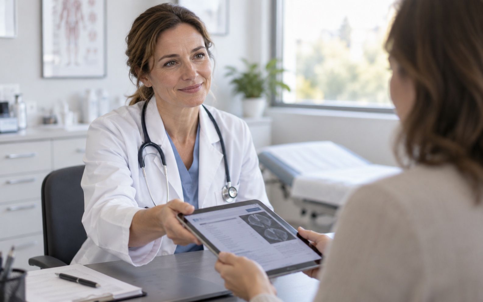 Ärztin der Poliklinik, die einer Patientin einen Befund auf dem Tablet übergibt