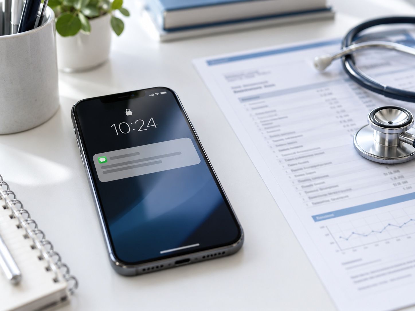Smartphone mit der Zugangsbenachrichtigung neben einem gedruckten Befund und einem Stethoskop