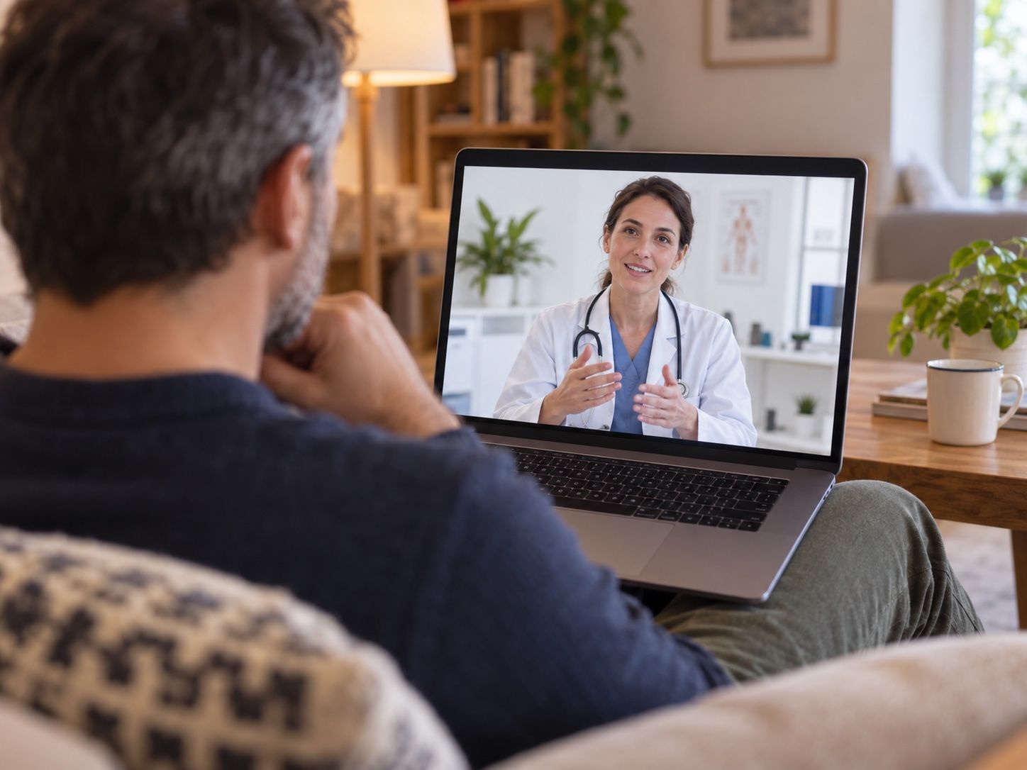 Patient zu Hause in einer Videosprechstunde mit der Ärztin vom Laptop aus