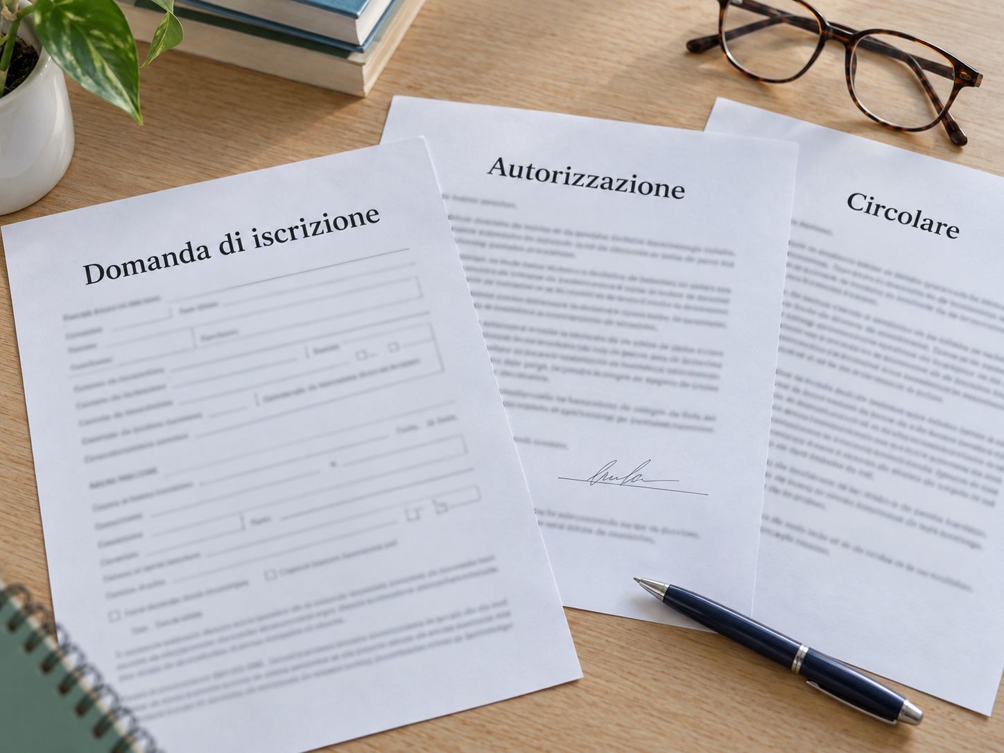 Anmeldeantrag, Genehmigung und Rundschreiben der Schule auf dem Schreibtisch des Sekretariats