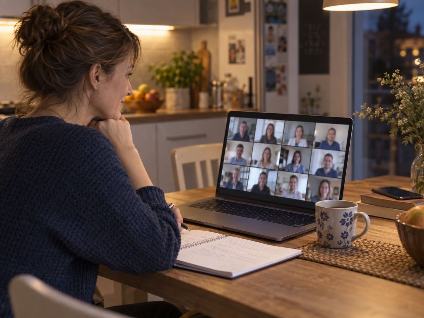 Lehrerin zu Hause, die vom Laptop aus per Videokonferenz an der Lehrerkonferenz teilnimmt