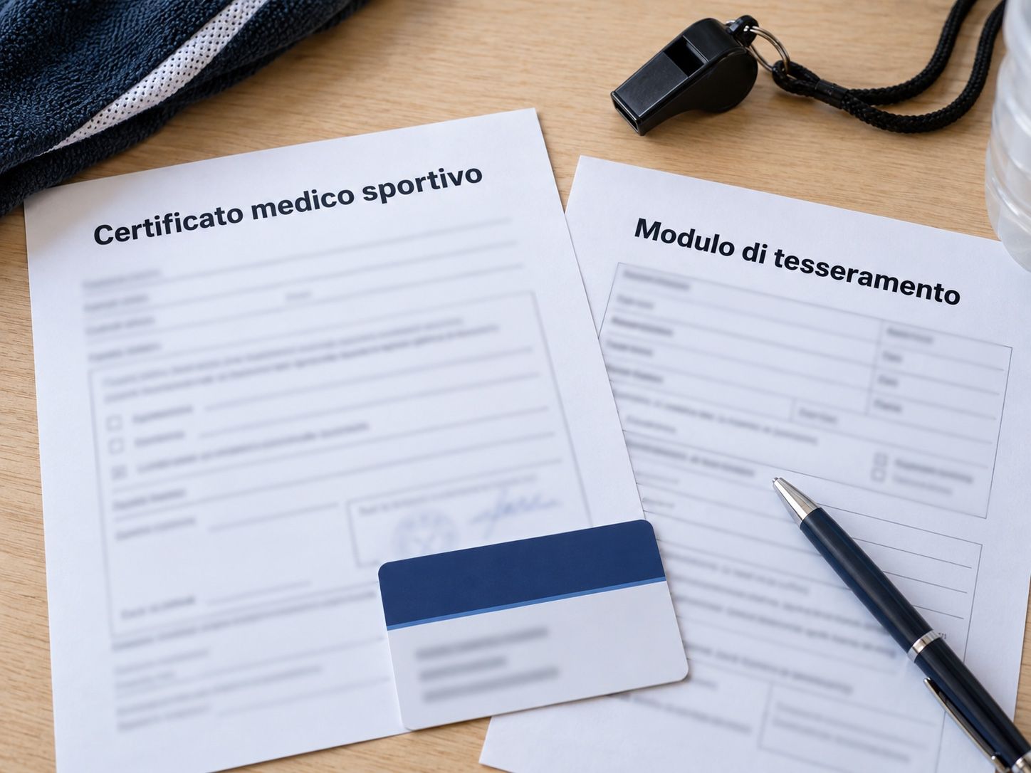 Sports medical certificate, membership form and membership card on the desk with a whistle